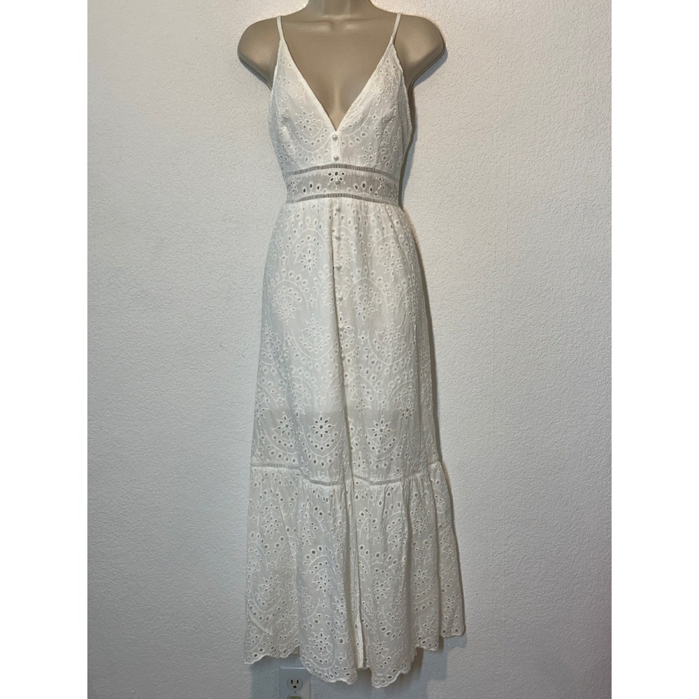 Simplee White‎ Cotton Eyelet Lace Maxi Dress Boho Cottagecore V-Neck Large Beach